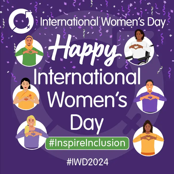 International Women's Day celebration graphic featuring diverse women making heart shapes with their hands around text 'Happy International Women's Day' with hashtags #InspireInclusion and #IWD2024 on purple background with confetti